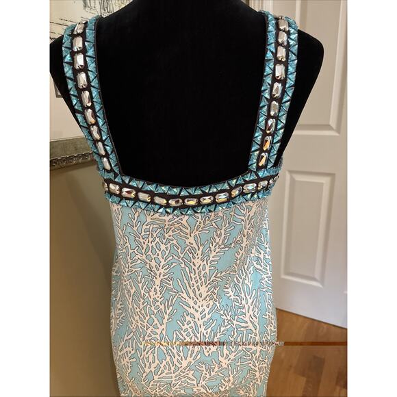 TORY BURCH Print sea coral turquoise blue beaded neckline silk knit midi sz M - Picture 7 of 9